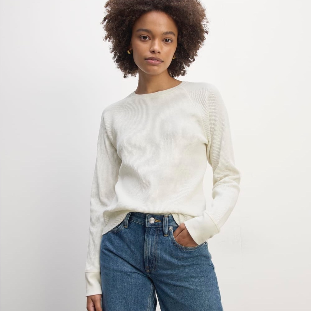 Everlane White/cream Waffle Crew Long Sleeve Tee